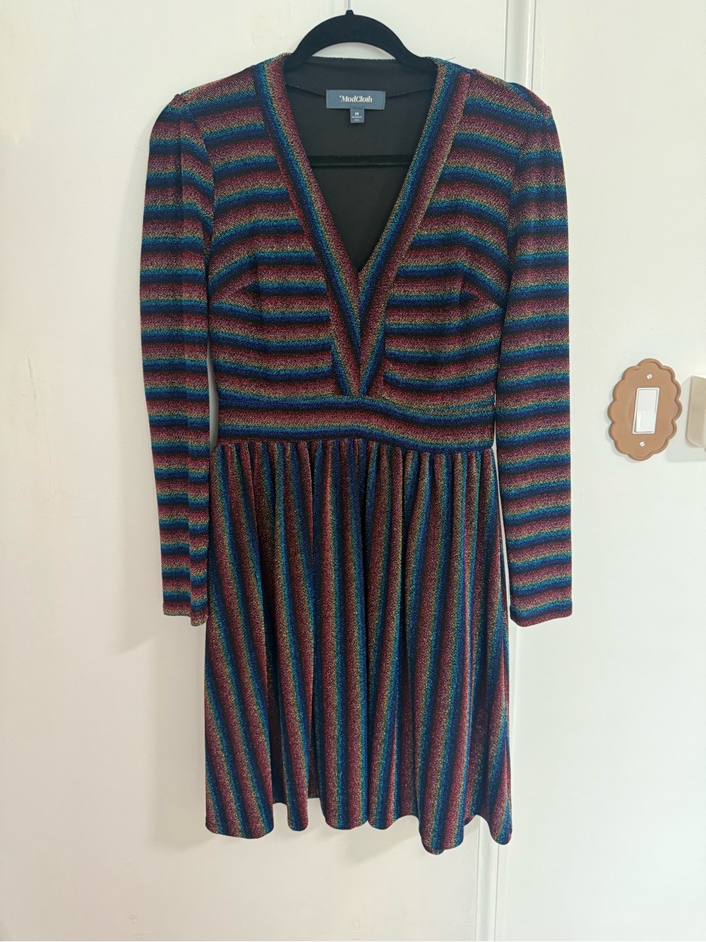 ModCloth Rainbow Striped V-Neck Knit Dress
